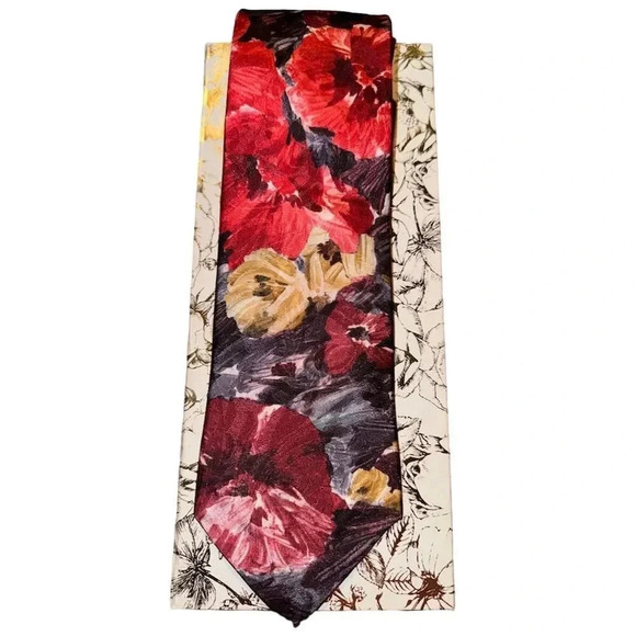 Gitano Men's Floral Print Neck Tie Red Gold Black 3.75" Wide - Picture 3 of 4